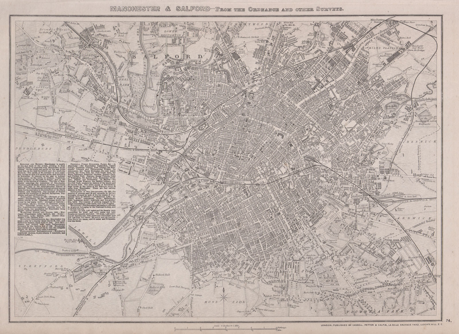MANCHESTER & SALFORD. Large town/city plan by BR DAVIES.Dispatch Atlas 1868 map
